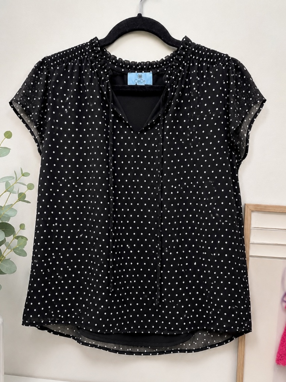 CeCe black and white polka dot blouse